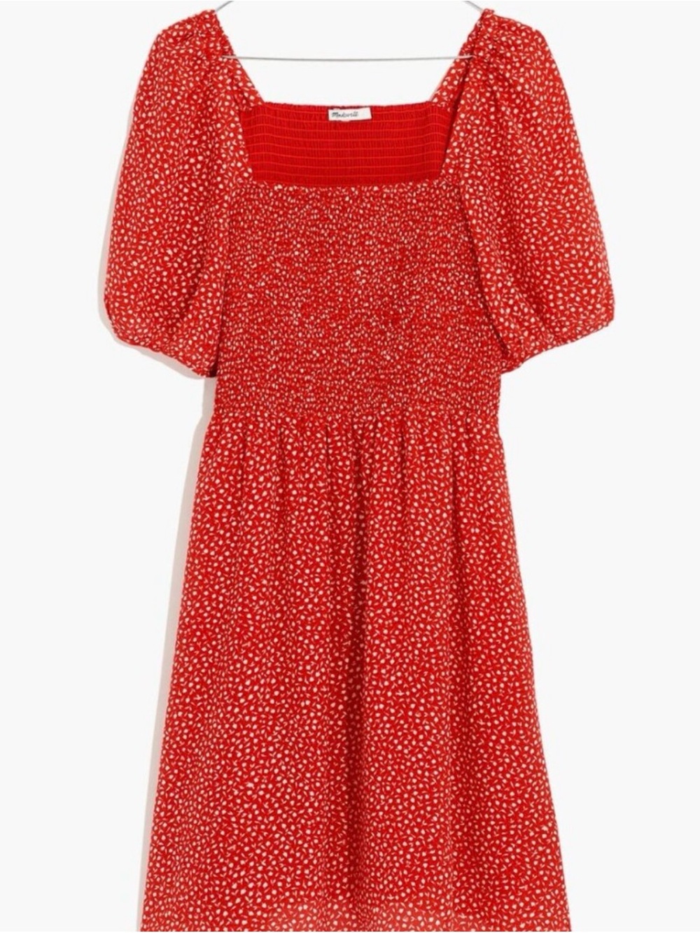 Madewell Red Puff-Sleeve Smocked Mini Dress with White Ditsy Print Silk EUC